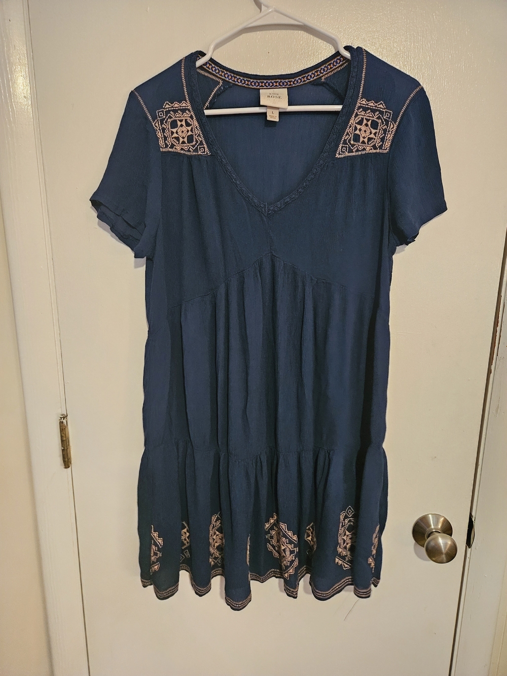 Knox Rose Navy Blue Short Sleeve Embroidered Tiered Mini Dress